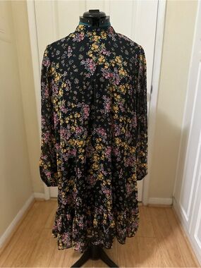 BCBG Paris Black Floral Ruffle Hem Shift Dress XL